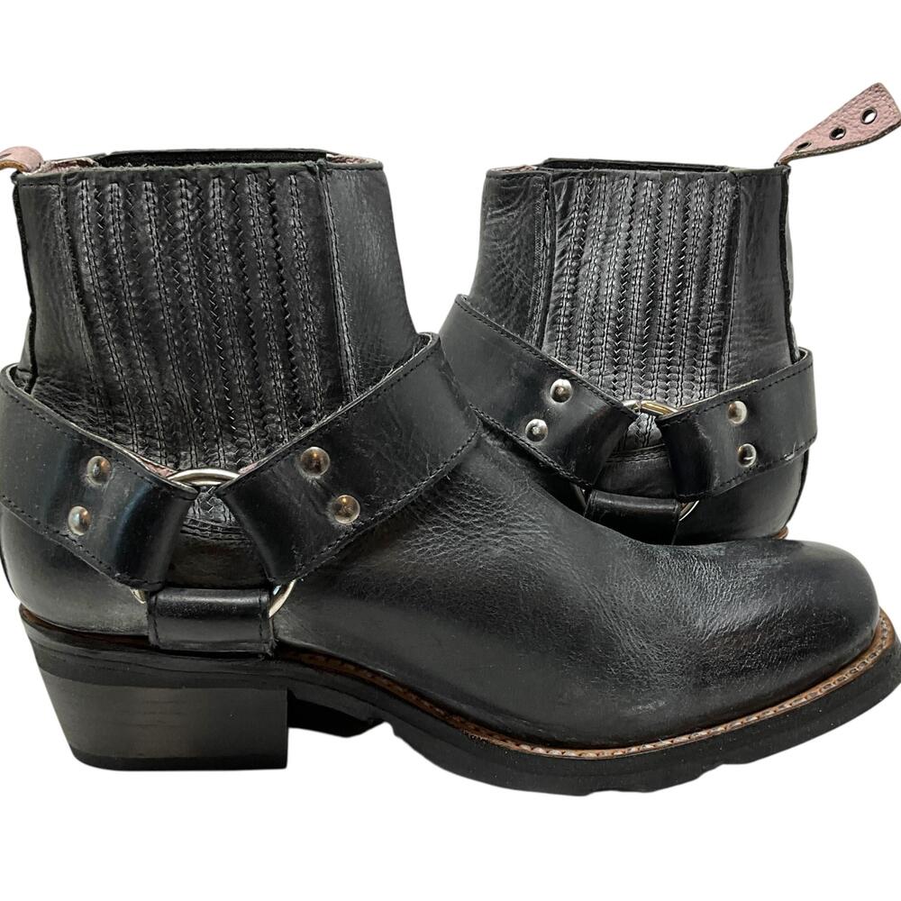 Freebird Whiskey Boots Womens 10 Black Leather Ankle Harness Biker Block Heel - Picture 7 of 11